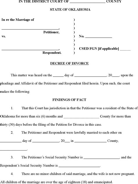 Free Printable Oklahoma Divorce Forms